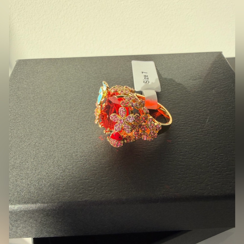 Gold red botanical floral statement Ring